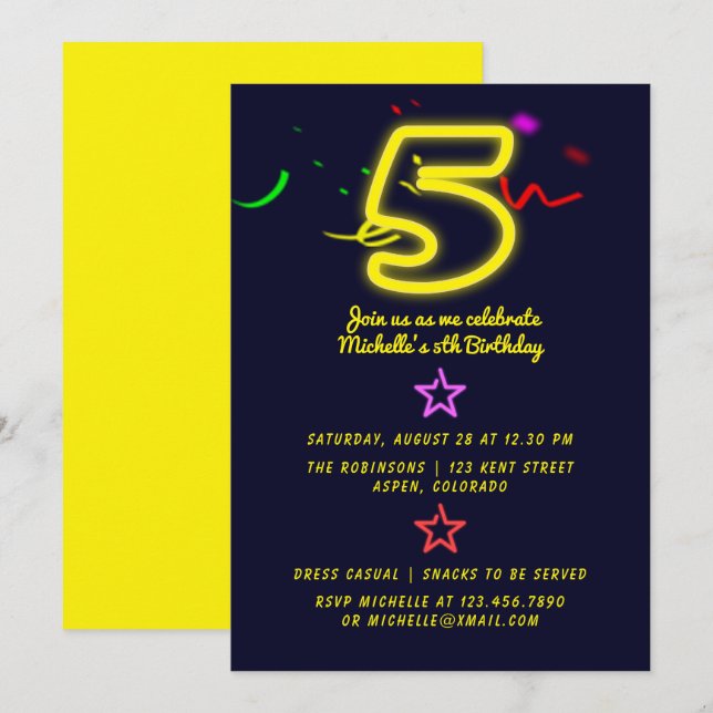 Neon Sign Fifth Birthday Party Invitation (Front/Back)