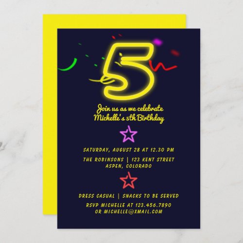 Neon Sign Fifth Birthday Party Invitation