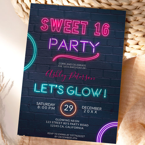 Neon sign glow in the dark pink bricks Sweet 16