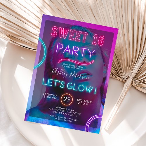 Neon sign glow in the dark pink photo Sweet 16 Invitation