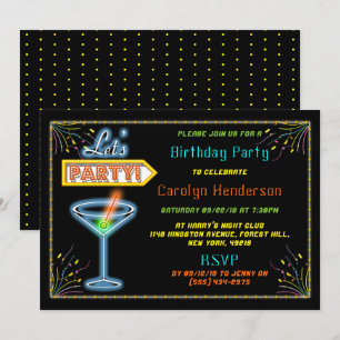 Neon Sign "Let's Party" Coctail Birthday Party Invitation