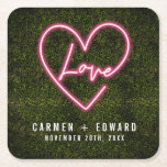 Neon Sign Love Heart Wedding Square Paper Coaster<br><div class="desc">An illustration of text "Love" incorporated into heart shaped neon sign design over a boxwood inspired background.  Personalize the white text with names and date.</div>