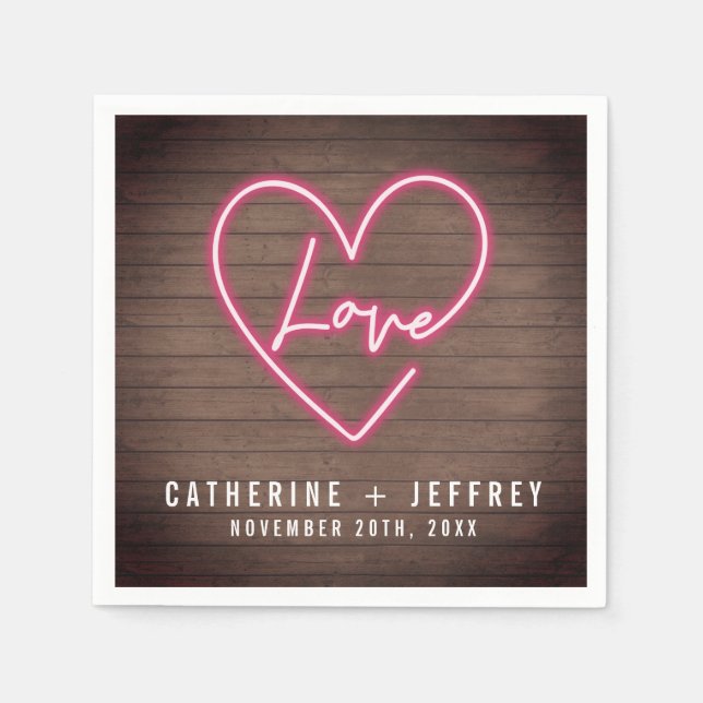 Neon Sign Love Heart Wood Wedding Napkins (Front)