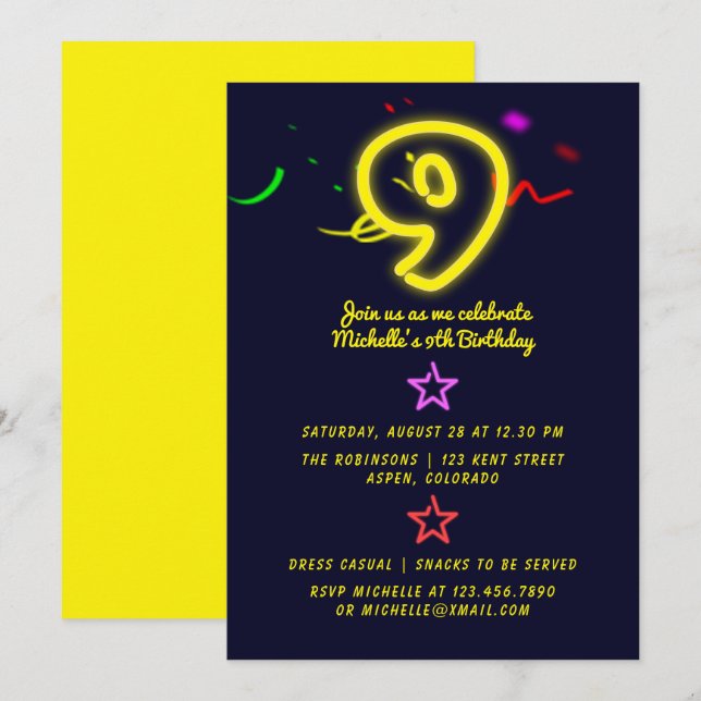 Neon Sign Ninth Birthday Party Invitation (Front/Back)