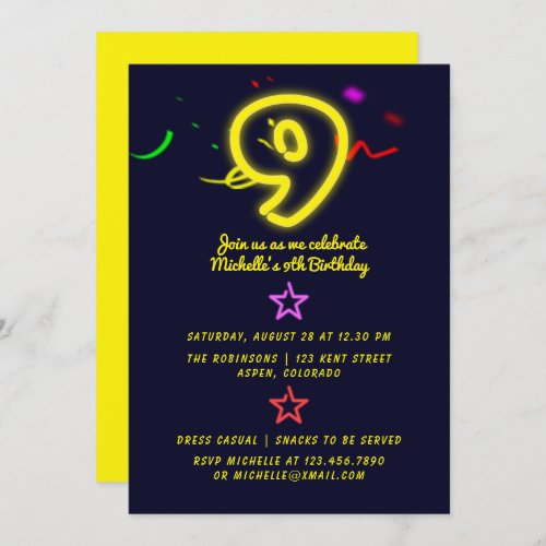 Neon Sign Ninth Birthday Party Invitation