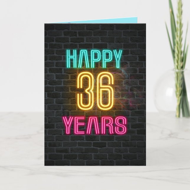 Neon sign on brick for 36th birthday card (Front)