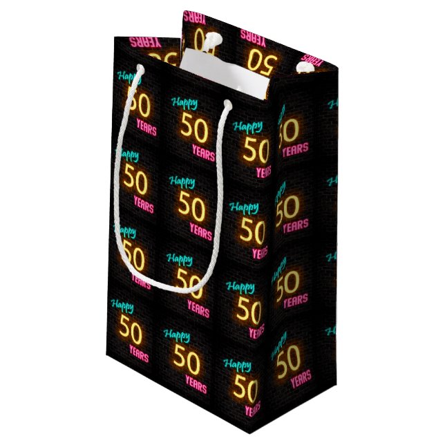 Neon sign on brick for 50th birthday small gift bag (Back Angled)
