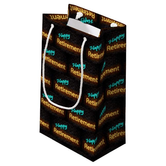 Neon sign on brick for retirement small gift bag (Back Angled)