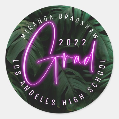 Neon Sign Pink Tropical Leaves Grad Classic Round Sticker