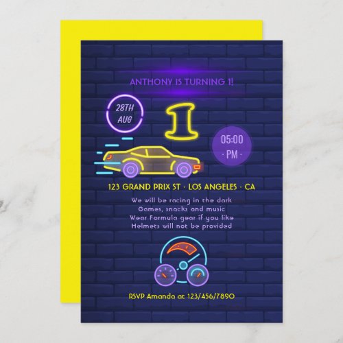 Neon sign Racing Car themed Boy 1st Birthday Party Invitation