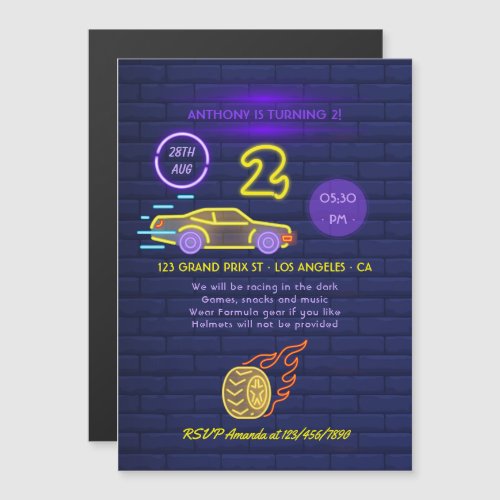 Neon sign Racing Car themed Boy 2nd Birthday Party Magnetic Invitation
