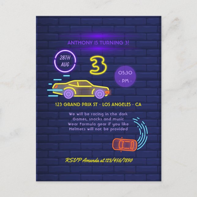Neon sign Racing Car themed Boy 3rd Birthday Party Postcard (Front)