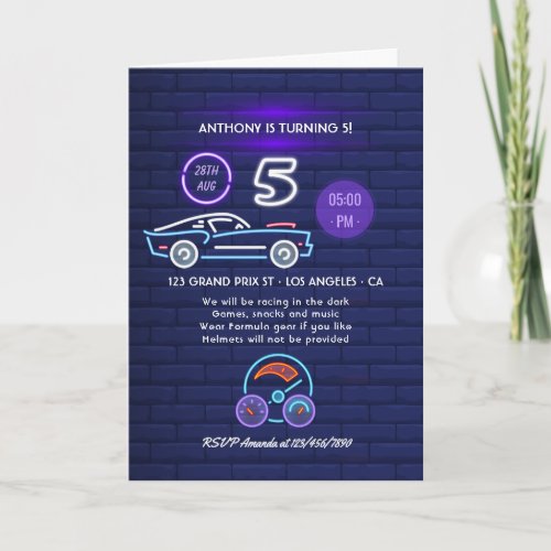 Neon sign Racing Car themed Boy 5th Birthday Party Invitation