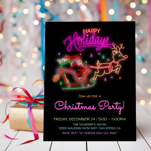 Neon Sign Santa Sleigh Reindeer Christmas Party Invitation