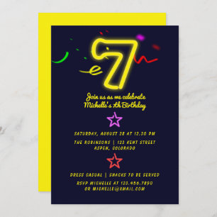 Neon Sign Seventh Birthday Party Invitation