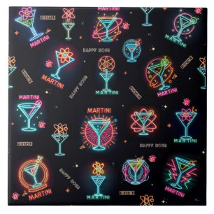 Neon Sign Space Age Atomic Martini Cocktails Print Ceramic Tile