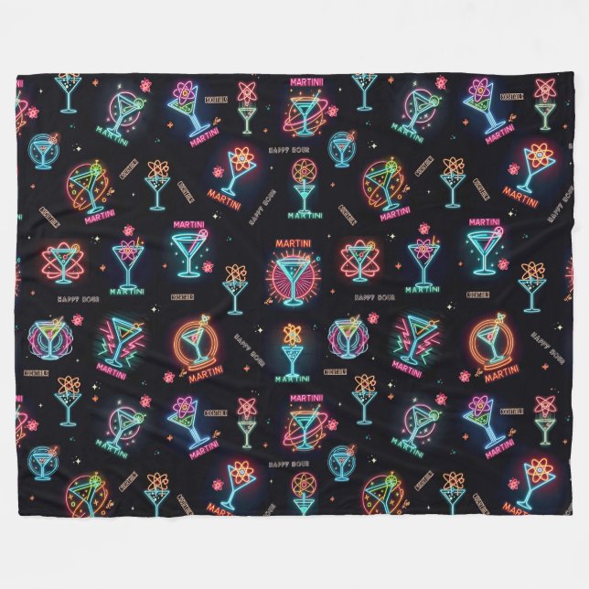 Neon Sign Space Age Atomic Martini Cocktails Print Fleece Blanket (Front (Horizontal))