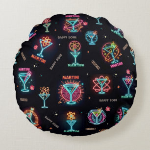 Neon Sign Space Age Atomic Martini Cocktails Print Round Pillow