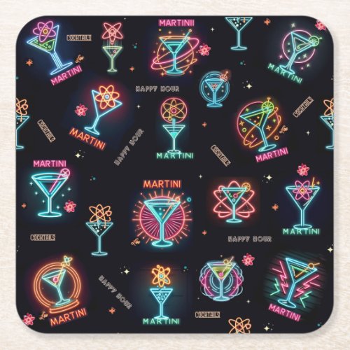 Neon Sign Space Age Atomic Martini Cocktails Print Square Paper Coaster