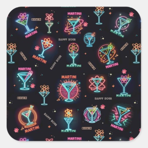 Neon Sign Space Age Atomic Martini Cocktails Print Square Sticker