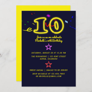Neon Sign Tenth Birthday Party Invitation