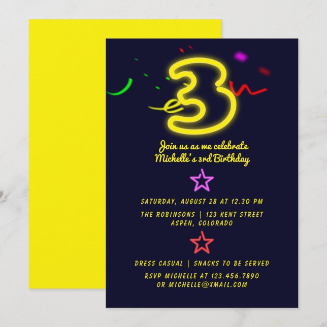 Neon Sign Third Birthday Party Invitation (Front/Back)