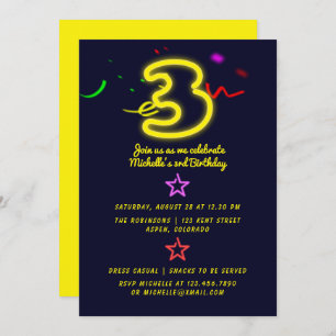 Neon Sign Third Birthday Party Invitation