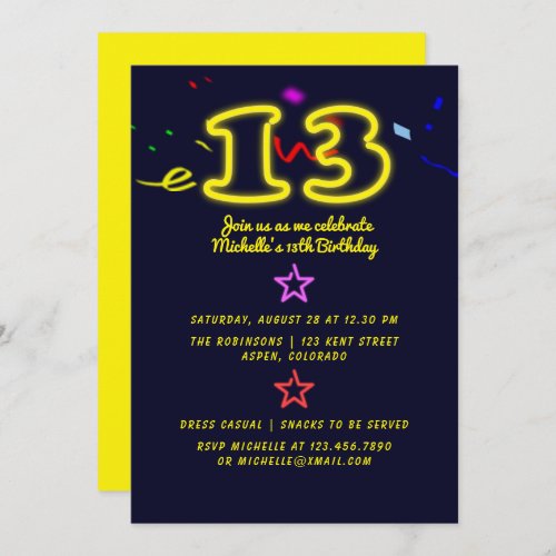 Neon Sign Thirteenth Birthday Party Invitation