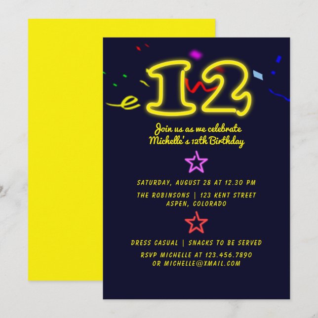 Neon Sign Twelfth Birthday Party Invitation (Front/Back)