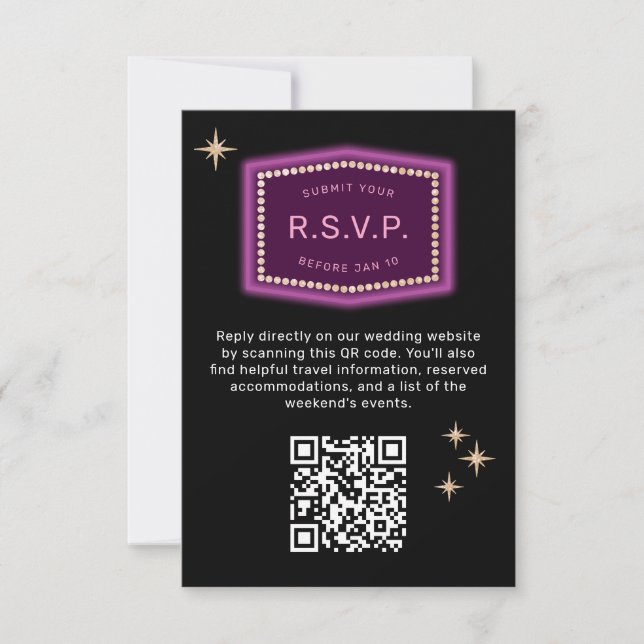 Neon Sign Vegas Wedding QR code Online RSVP Card (Front)