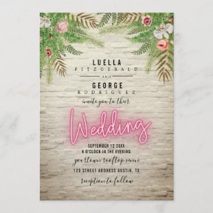 Neon Sign White Brick Botanical Wedding Invitation