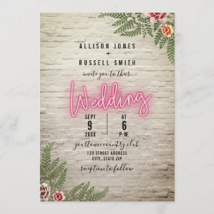 Neon Sign White Brick Botanical Wedding Invitation