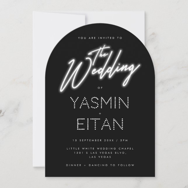 Neon Sign White Script Black Arch Wedding Invitation (Front)