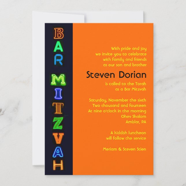 NEON SIGNS Bar Bat Mitzvah Invitation (Front)