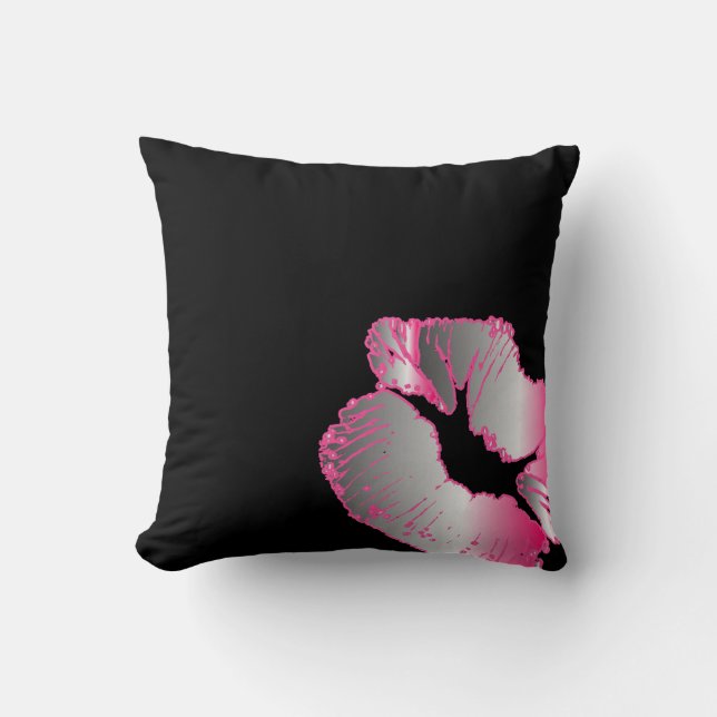 Neon Silver and Hot Pink Lipstick Kiss on Black Throw Pillow (Front)