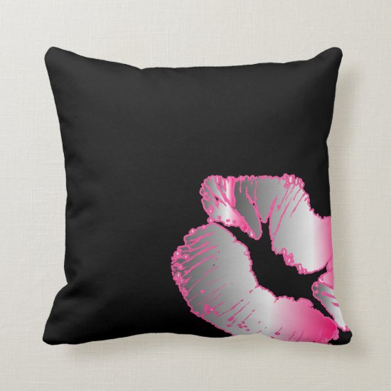 Neon Silver and Hot Pink Lipstick Kiss on Black Throw Pillow