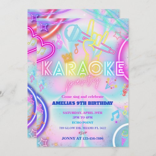 neon singing party Karaoke birthday party Invitation
