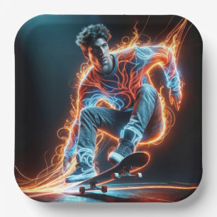 Neon Skateboarder With Fiery Light Trails Paper Plates