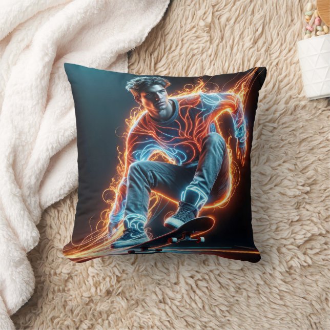 Neon Skateboarder With Fiery Light Trails Throw Pillow (Blanket)