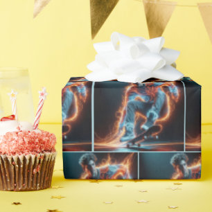 Neon Skateboarder With Fiery Light Trails Wrapping Paper