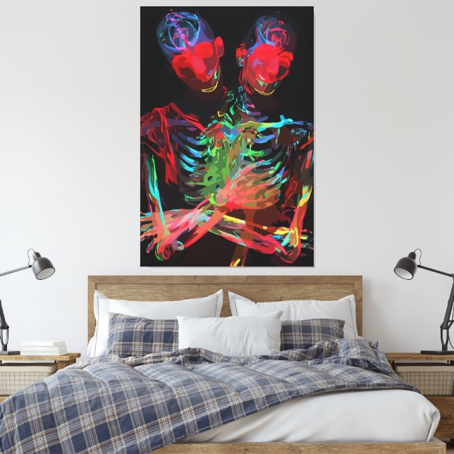 Neon Skeleton Embrace Art Fusion Canvas Print (Insitu(Bedroom))