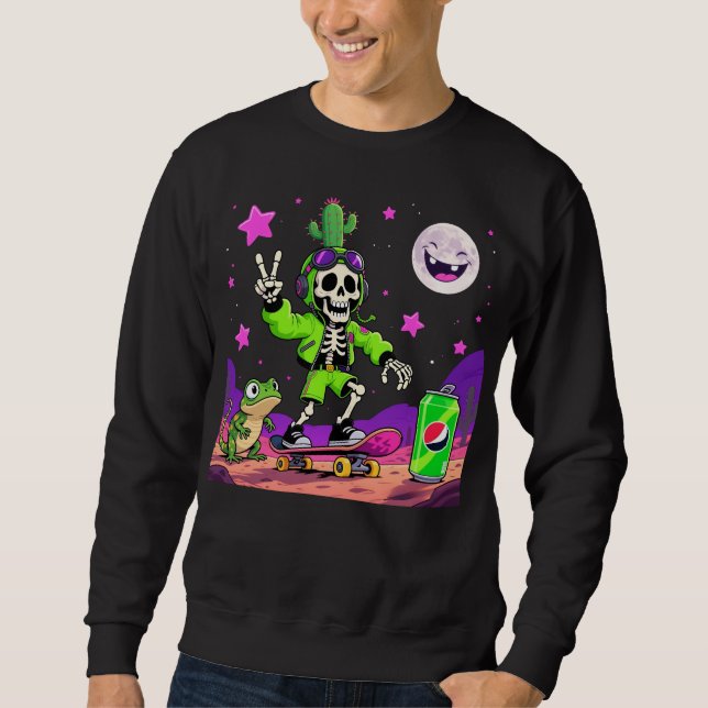 Neon Skeleton Skateboarder Rebel Cartoon Sweatshirt (Front)