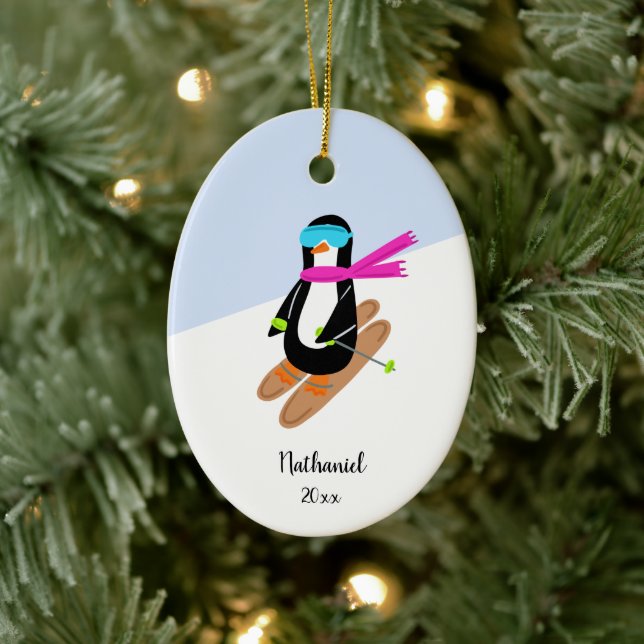 Neon Skiing Penguin Personalized Christmas Ceramic Ornament (Tree)