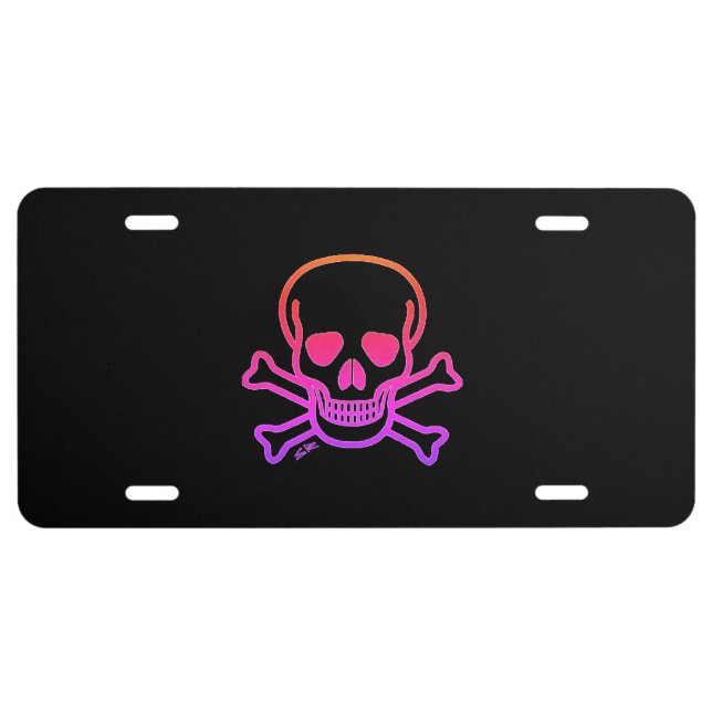 Neon Skull black aluminum car license plate (Front)