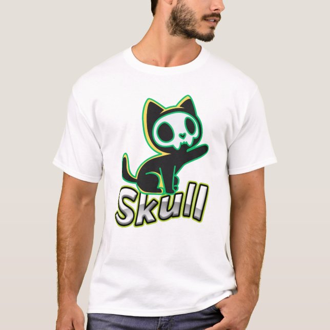 Neon Skull Cat Kawaii Gothic Art T-Shirt (Front)