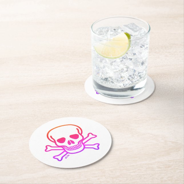 Neon Skull white round paper drink coasters (Insitu)