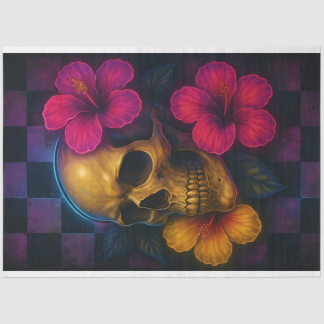 Neon Skull with Hibiscus Flowers Decoupage Paper  (Front)