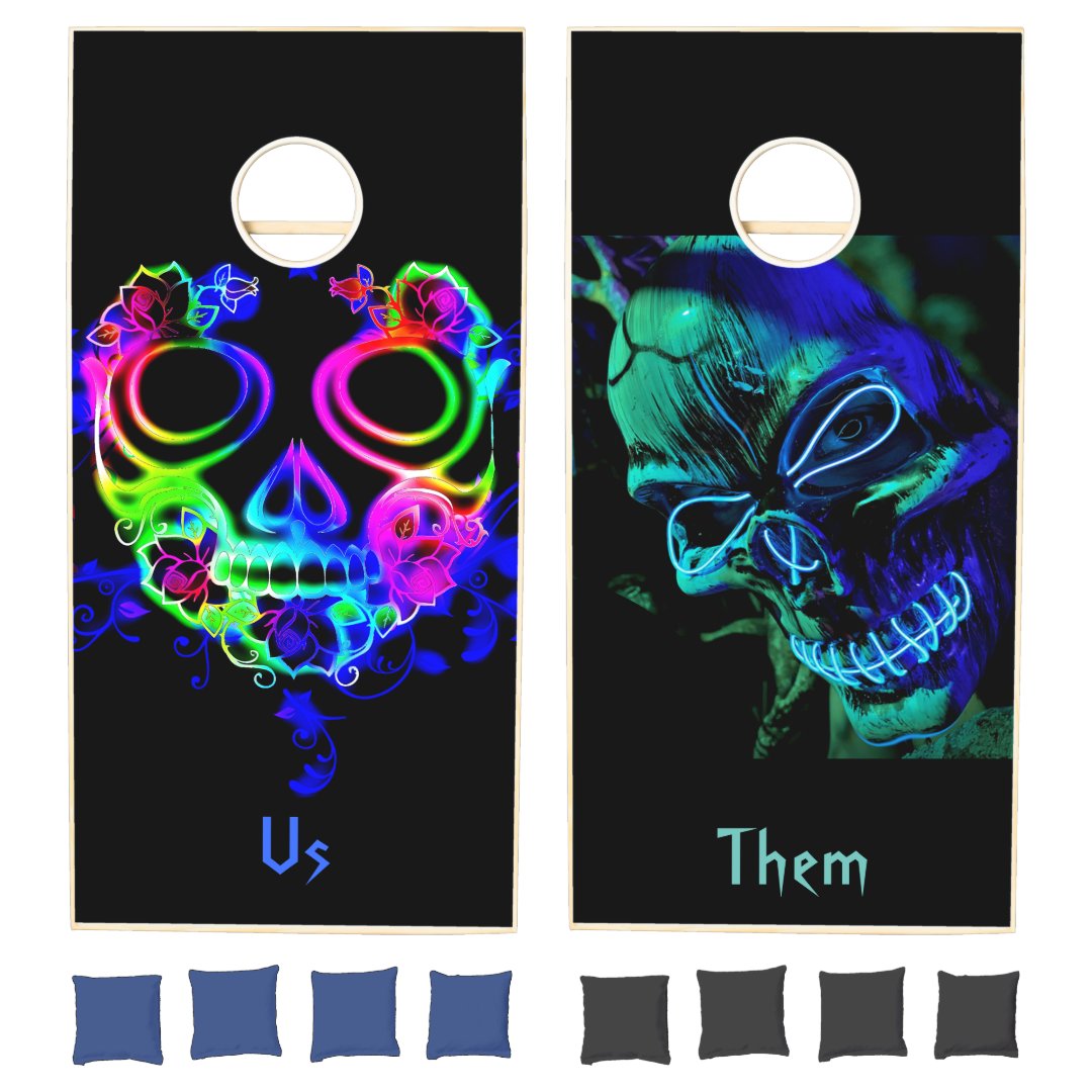 Neon Skulls Teal Blue Floral Black Cornhole Set | Zazzle