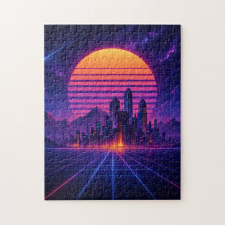 Neon Skyline Horizon – Retro Synthwave Cityscape Jigsaw Puzzle