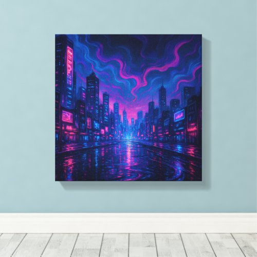 Neon Skyline Mirage Futuristic City Canvas Art